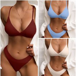 New Solid Colour Wave Pattern Fashionable and Fresh Suspender Split Bikini Swimsuit for Women