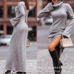 Casual Dresses Solid Colour Slim Fits Long Sleeve Midi Dress High Waist Trend Turtleneck Bell Women Full Length Maxi