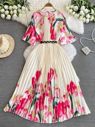 Casual Dresses Hikigawa Chic Fashion Women Elegant Flare Sleeve Pleated Print SUmmer Vintage O Neck Belted Slim Waist Vestidos Mujer