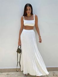 Tossy White Knit Two Piece Women Sets Fall Ribbed Tank Top And Pleated Knitted Skirt Suits For Women Long Dress Sets Summer 240403