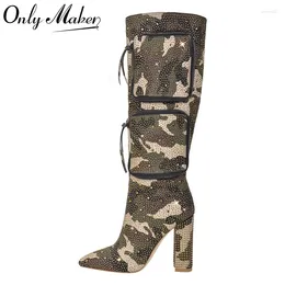Boots Onlymaker Women Rhinestone Knee High Block Heel Handmade Fashion Pointed Toe Bling