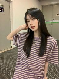 Women's T Shirts HOUZHOU Gunge Vintage Streetwear Women Korean Fashion Sweet Preppy Style Purplre Striped Loose Tees Tops Summer 2024