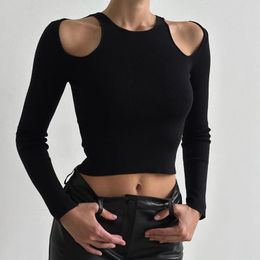 Women's T Shirts Sweet Sexy Black Strapless Long-Sleeved Bottoming Shirt For Women 2024 Cut Out Slim Fit Looking American All-Match Woolen