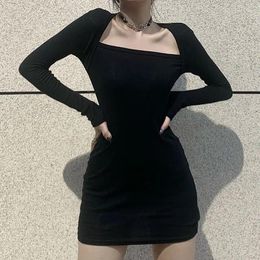 Casual Dresses Elegant Solid Mini Dress For Women Fashion Sexy Long Sleeve Square Neck Slim Fit Hip Bodycon Black Party Vestidos