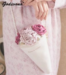 Cases Japanese Style New Fashion Ice Cream Cylinder Bouquet Shoulder Bag Sweet Lady Girls Pearl Chain Crossbody Small Leather Bags