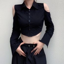 Women's Blouses Hollow Out Chain Off Shoulder Sexy Short Shirt Women Crop Tops Y2K Long Sleeve Woman Blouse Streetwear Buttons Slim Shirts