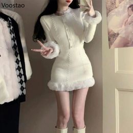 Work Dresses White Elegant Knitted Mini Skirt Set Women Sweet Plush Sweater Slim Suit Female Korean Fashion 2 Piece Sets Spring Autumn