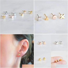 Stud Earrings Fashion Simple Mini Geometric Shape Stainless Steel Heart Triangle Square Round Ear Studs 8Mm Gift For Women And Girls D Dhw85