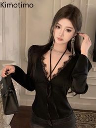 Women's T Shirts Kimotimo Spliced Lace V Neck Tie Up Black Women Cross Halter Slim Long Sleeve Y2k Crop Top Korean Sexy Spicy Girl Tees