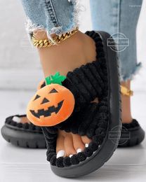 Slippers Winter Women Home Open-Toe Cross Band Linen Soled Indoor Slides Halloween Pumpkin Pattern Fuzzy Shoes