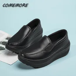 Casual Shoes Women Spring Summer PU Leather Soft Outsole Work Female Black Platform Wedges Heels Woman Plus Size Round Head