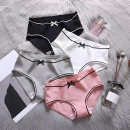 Women's Panties Japanese Style Solid Color Women Bowknot Decor Ribbed Mid-rise Cute Girls Briefs Breathable Soft Underwear