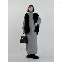 Casual Dresses Autumn Winter Grey Long Knit Sweater Dress Korean Version Seller Loose Thicken Simple High Neck Over The Knee Skirt