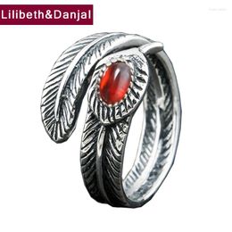 Cluster Rings Feather Adjustable Finger Opening Ring Real 925 Sterling Silver Inlaid Garnet Vintage Fine Jewelry Women Men 2024 Designer R20