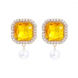 Dangle Earrings Luxurious Shiny Pearl Square Colour Crystal Simple Design Rhinestone Imitative For Women