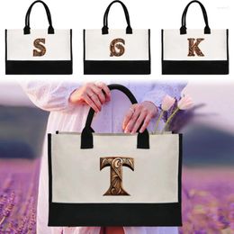 Shopping Bags Portable Women's Handheld Bag Reusable And Environmentally Friendly Jute Wood Art Letter Printing Pattern