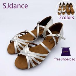 Dance Shoes SJdance Kids Satin Sandal Girls Latin Dancing Pro Soft Sole White Competition Dark Tan Comfortable Stable Heel