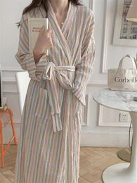 Women's Sleepwear Spring 2024 Full Sleeve Vintage Bandage Bow Bathrobe At Home Sweety Contrasting Colors Striped Loose Comfort Pajamas