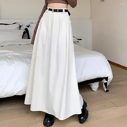 Skirts Women High Waist Pleated Skirt Elegant Flared A-Line Midi With Pockets Fashion Solid Colour Lady Long For Autumn