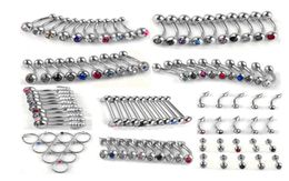 100pcs Set Punk Stainless Steel Crystal Tongue Belly Lip Eyebrow Nose Barbell Rings Body Piercing Jewellery 10 Styles Accessories4425275