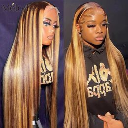 Melodie 40 42 Inch Highlight Wig Human Hair Honey Blonde Coloured Straight 13x6 Lace Frontal Wig 220% Brazilian Hair For Women 240409