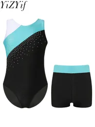 Stage Wear Kids Girls Gymnastics Jumpsuit Sleeveless Skating Leotard With Shorts Set Ballet Tutu Dance Performance Clothes Workout Bodysuit