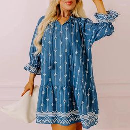 Casual Dresses Fashion Pattern Print Ruffles Loose Dress Female V Neck Long Sleeve A-Line Spring Summer Simple Lace-up Short