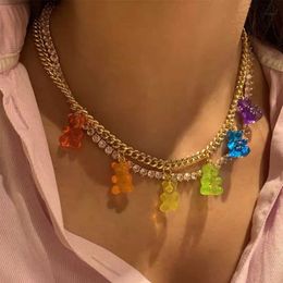 Pendant Necklaces Punk Colorful Gummy Bear Pendant Metal Crystal Choker Necklace for Women Multi-layer Cute Bear Tennis Clavicle Chain New Jewelry Y240420