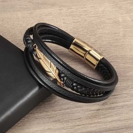Chain Minimalist Mens and Womens Feather Charm Leather Armband Classic Casual Party Jewets Gifts Y240420