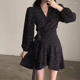 Casual Dresses Vintage Sweet V-neck Long Sleeved Women's One-piece Belt Polka Dots Dress For Women Y2k Bodycon Party Club Vestidos