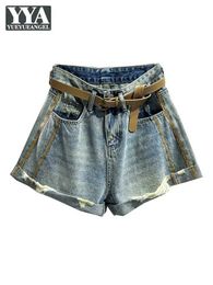 Kvinnors shorts sommar kvinnor casual wide ben denim shorts sido randiga hål rippade jeans strtwear kvinnlig bälte hög midja sexig heta shorts y240420