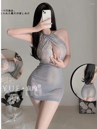 Casual Dresses Sexy Silver Silk Wrapped Hip Uniform Hanging Neck Women Lace Backless Short Summer Party Dress Transparent Temptation W5WV