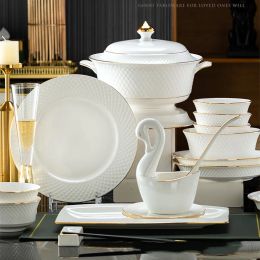 Sets Gold Rim Porcelain White Dinner Bowl Plates Set Embossed Fine Bone China Dinnerware Luxury Tableware sets