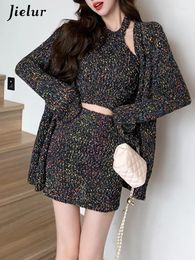 Skirts Three Piece Street Knitting Female Winter 3-colors Chicly Women Sexy Hanging Neck Vest Fashion Cardigan