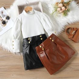 Clothing Sets 2024 Spring Fall Kids Leather For Girls 2-7Y Turtleneck Puffy Sleeve Tops Button PU Skirt Fashion Children Clothes