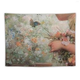 Tapestries A Painting Of Woman In Flower Garden With 2 Butterflies Tapestry Room Aesthetic Decor Cute Things