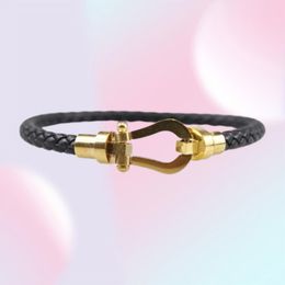 High Quality Europe Classic Style 18K Gold Black Horse Hoof Buckle Genuine Leather Bracelet With Stainls Steel Accsori3641029