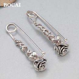 Jewellery BOCAI New Real S925 Silver Original Rose Pin Vintage Chic Fashion Simple Women's Brooch Accessories Christmas Gift