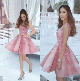 2018 New Dubai Blush Pink Homecoming Dresses vestidos V Neck Sleeveless A Line Autumn Graduation Dresses Beads Short Cocktail Gown4874758