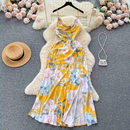 Casual Dresses French Romance Floral Print Spaghetti Strap Dress Sexy Swinging Neck Sleeveless High Waist Slim Split A Line Beach Party