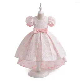 Girl Dresses Pink Puffy Sleeves Printed Flower Dress Princess Hi-Low Host Piano Performance Kids Party Birthday Evening