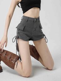 여자 반바지 Zoki Vintage Strtwear Denim Cargo Shorts 여성 Harajuku 섹시한 허리 회색 반바지 슬림 레이스 Up Amercian Retro 라인 반바지 Y240420