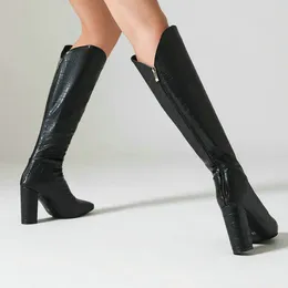 Boots Chic Crocodile Skin Pattern PU Knee-high Fashion Modern Women Shoes Zipper Back Block High Heels Beige Elegant Warm