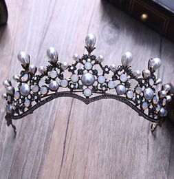 Baroque Vintage Crystal Pearl Bridal Tiaras Hairband Headpiece Black Rhinestone Princess Pageant Crown Wedding Hair Accessories Y29897261