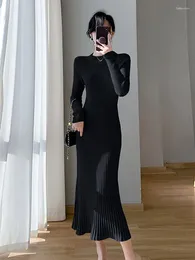 Casual Dresses Women Knitted Long Dress Solid Colour O-neck Ribbed Sleeve Pleated Elegant Up Bodycon Robe