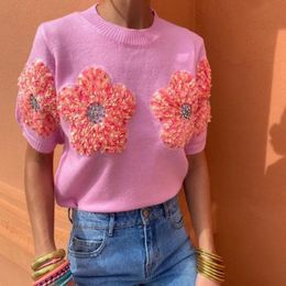 Fashion 3D Flower Knitted Sweater For Women Elegant O Neck Short Sleeve Cropped Top 2024 Spring Chic Female Commuting Streetwear 240410