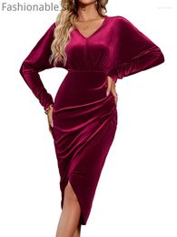 Casual Dresses Women Solid Color Velvet V-Neck Long Sleeve Slim Fit Party Dress