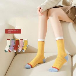 Women Socks 5pairs Sweat-absorbent Harajuku Retro Breathable Solid Colour Mid-tube Anti-slip Polyester Striped