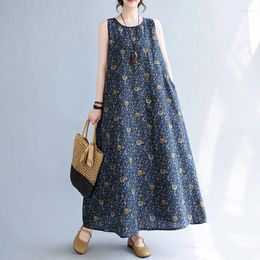 Casual Dresses 2024 Arrival Cotton Linen Print Floral Sleeveless Loose Summer Tank Dress Lady Work M-5XL Fashion Women