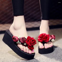 Slippers 5cm High Heel Women's Summer Flowers Beach Shoes Fashion Clip Foot Wedge Thick Platform Cute Sandals And